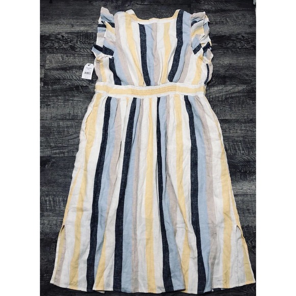 Time & Tru Linen Blend XXL (20) Dress Yellow White Flutter Sleeve Summer NEW F3 - Picture 3 of 8